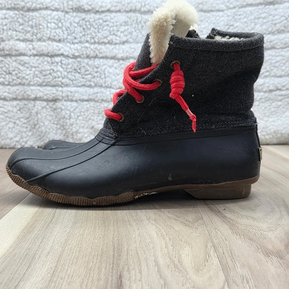 Sperry J.Crew Saltwater Duck Boots Wool Shearling Waterproof Grey Red 9 M Womens